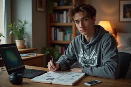 Jeune homme concentré planifiant sa stratégie Dofus dans sa chambre