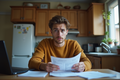 Jeune homme pensif avec des factures impayees