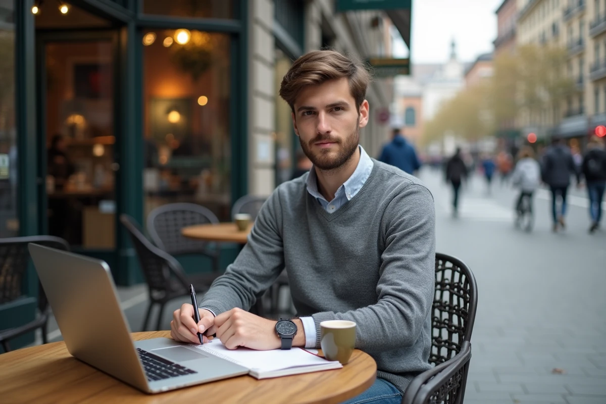 Jeune homme créatif travaillant dans un café urbain