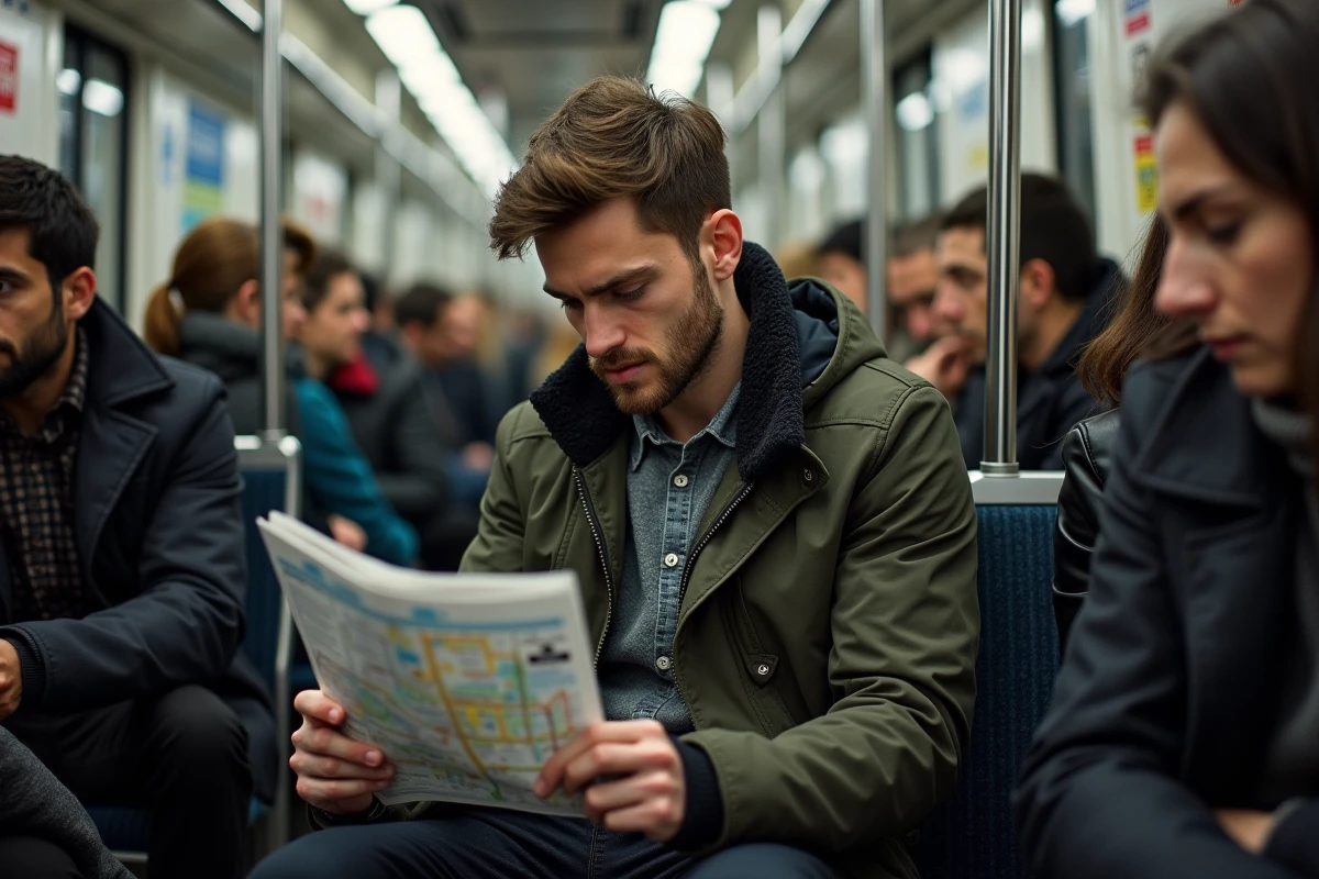 Jeune homme regardant la carte dans le métro parisien