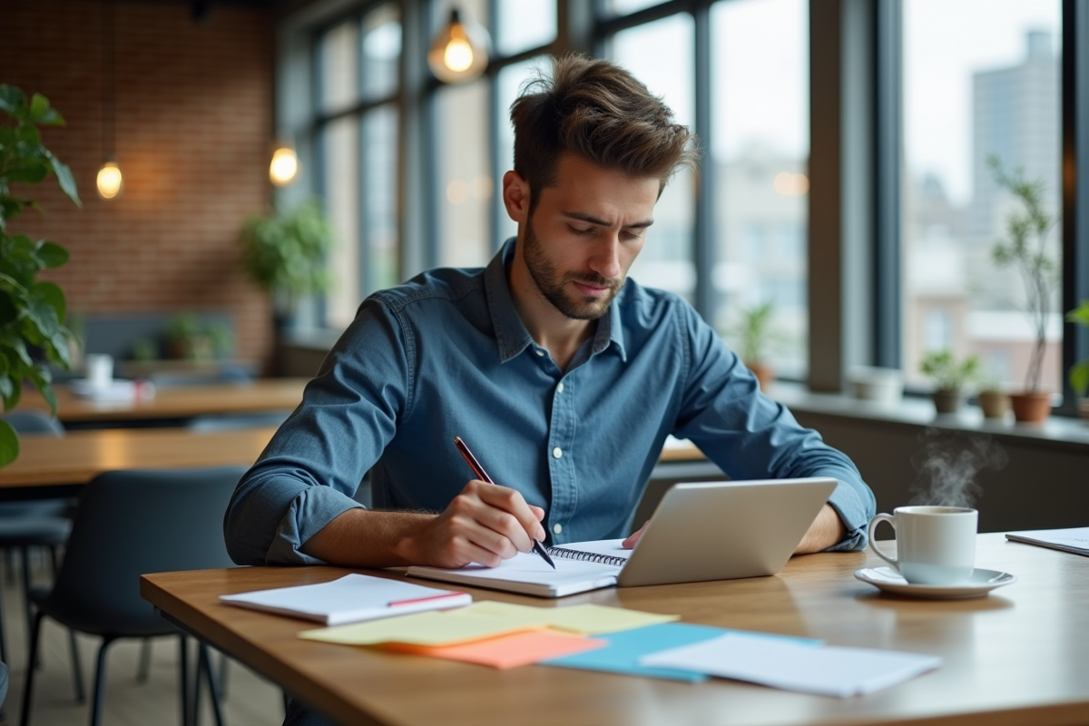Jeune homme planifiant avec papier et tablette