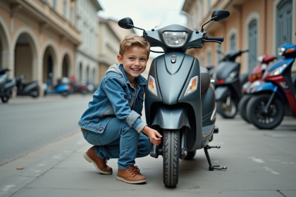 Jeune garçon en denim inspectant un scooter 50cc en extérieur