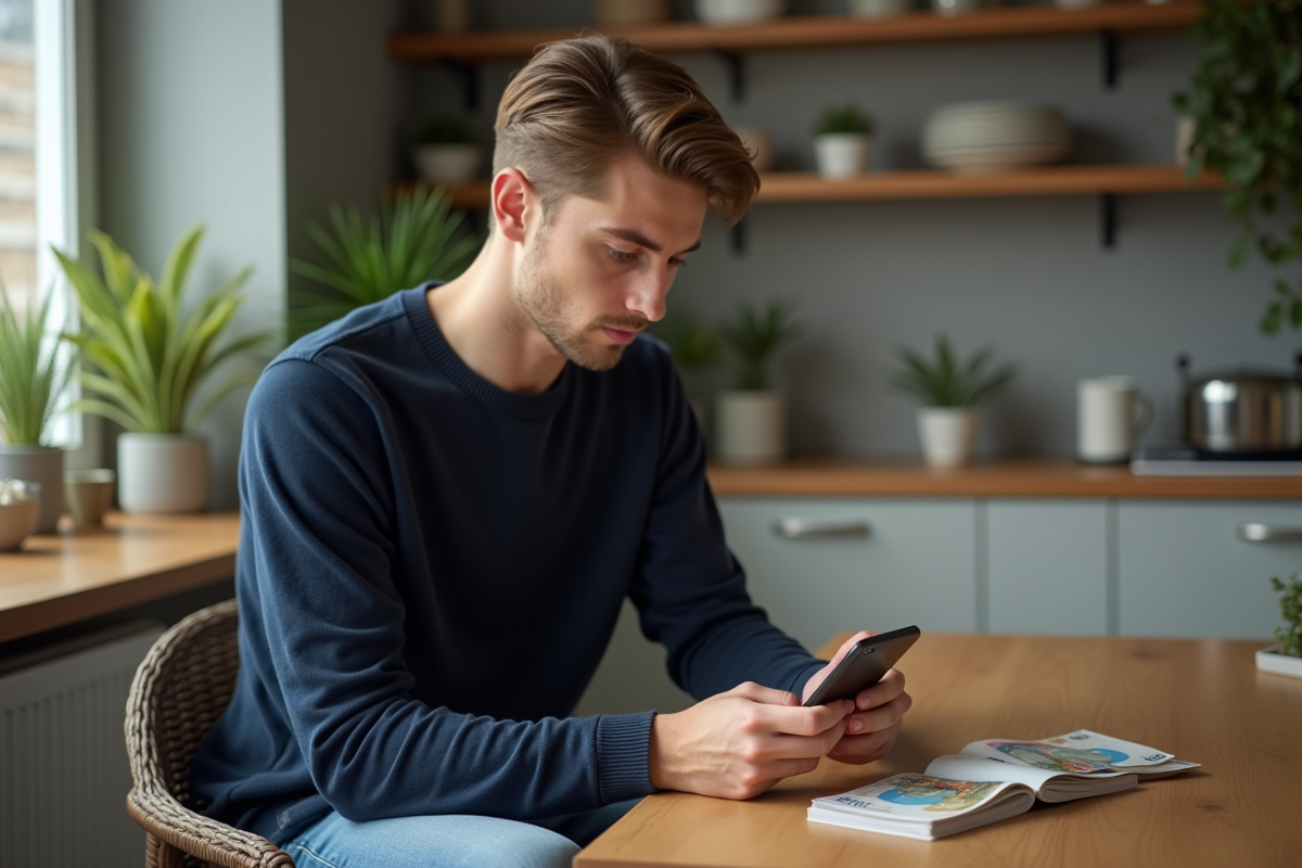 Jeune homme en jeans et pull bleu examine son smartphone et des billets
