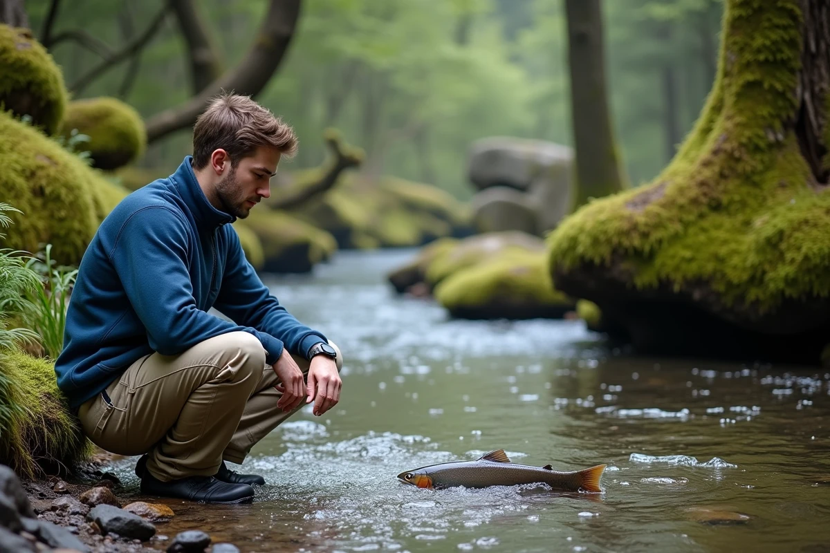Jeune homme observe une truite dans un ruisseau