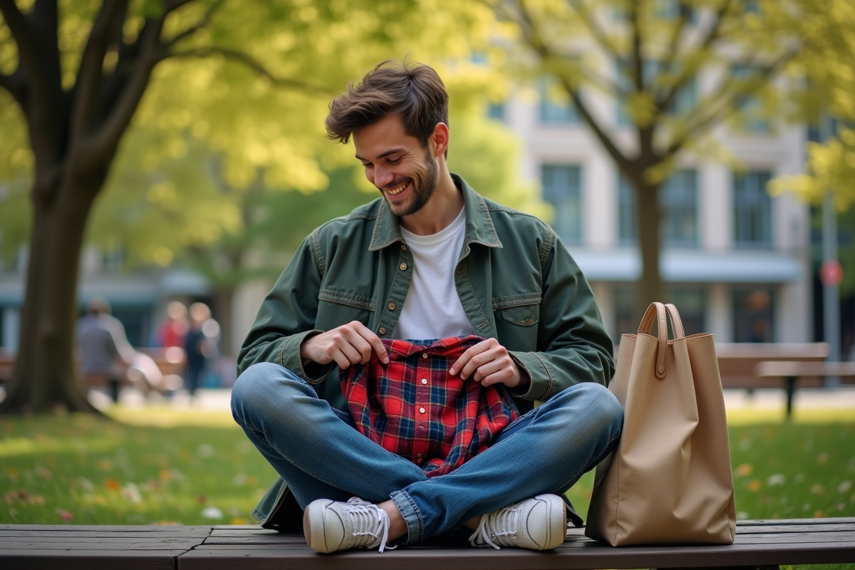 Jeune homme en streetwear vintage dans un parc urbain