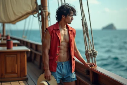Jeune homme en bateau regardant l'horizon avec détermination