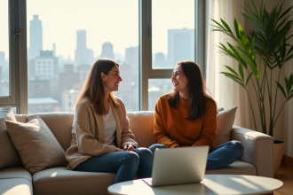 Jeunes adultes discutant dans un salon lumineux et moderne