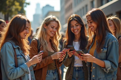 Groupe de jeunes urbains souriants avec smartphones en ville