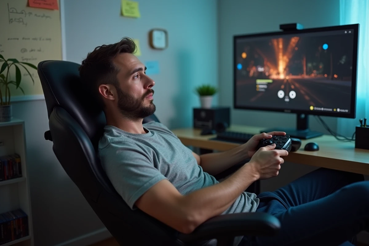 Joueur adulte pensif après une longue session de Split Fiction dans son espace gaming