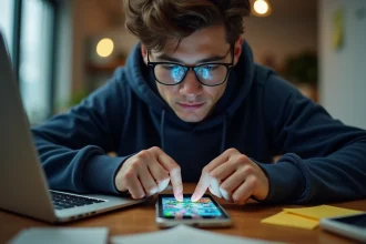 Joueur compétitif analysant une stratégie avancée sur Monopoly Go depuis son smartphone au bureau