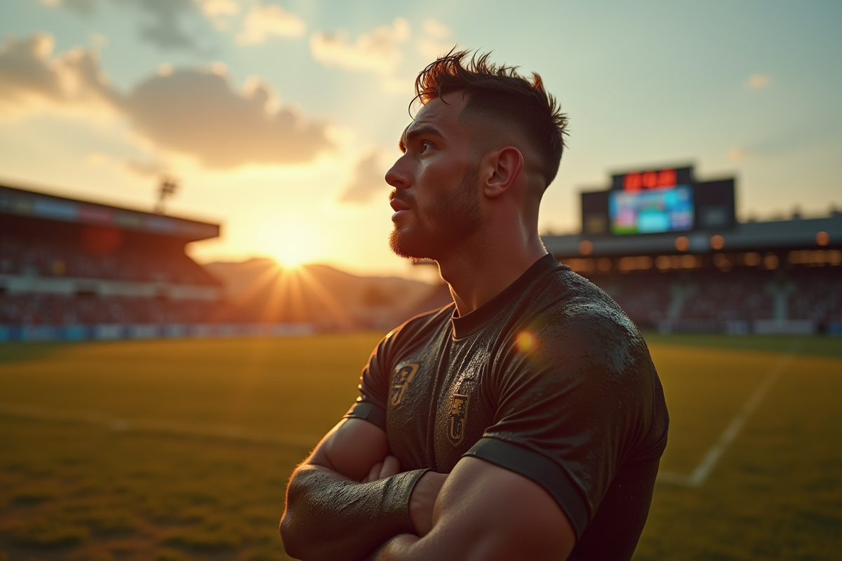 Joueur de rugby couvert de boue regardant le tableau du stade