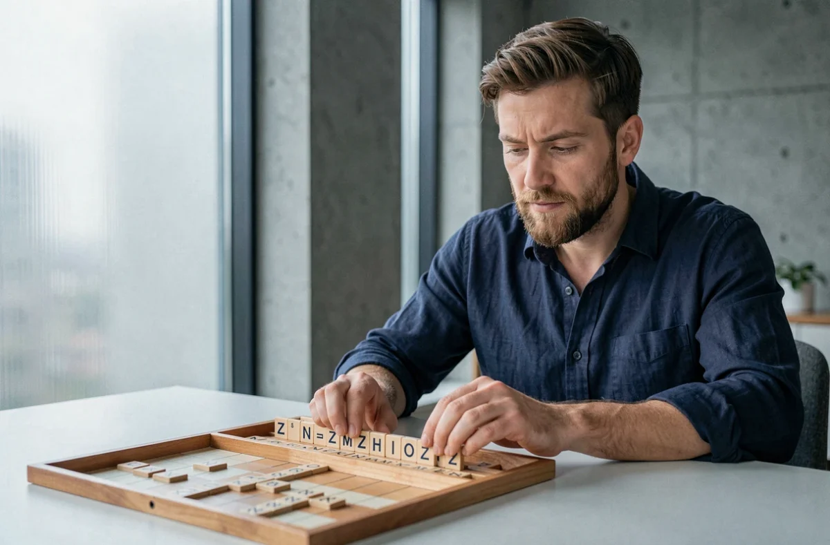 Homme analysant ses tuiles Scrabble avec la lettre Z sur son chevalet en bois