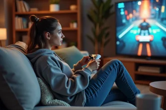 Joueuse immergée dans une session co-op de Split Fiction sur canapé avec manette