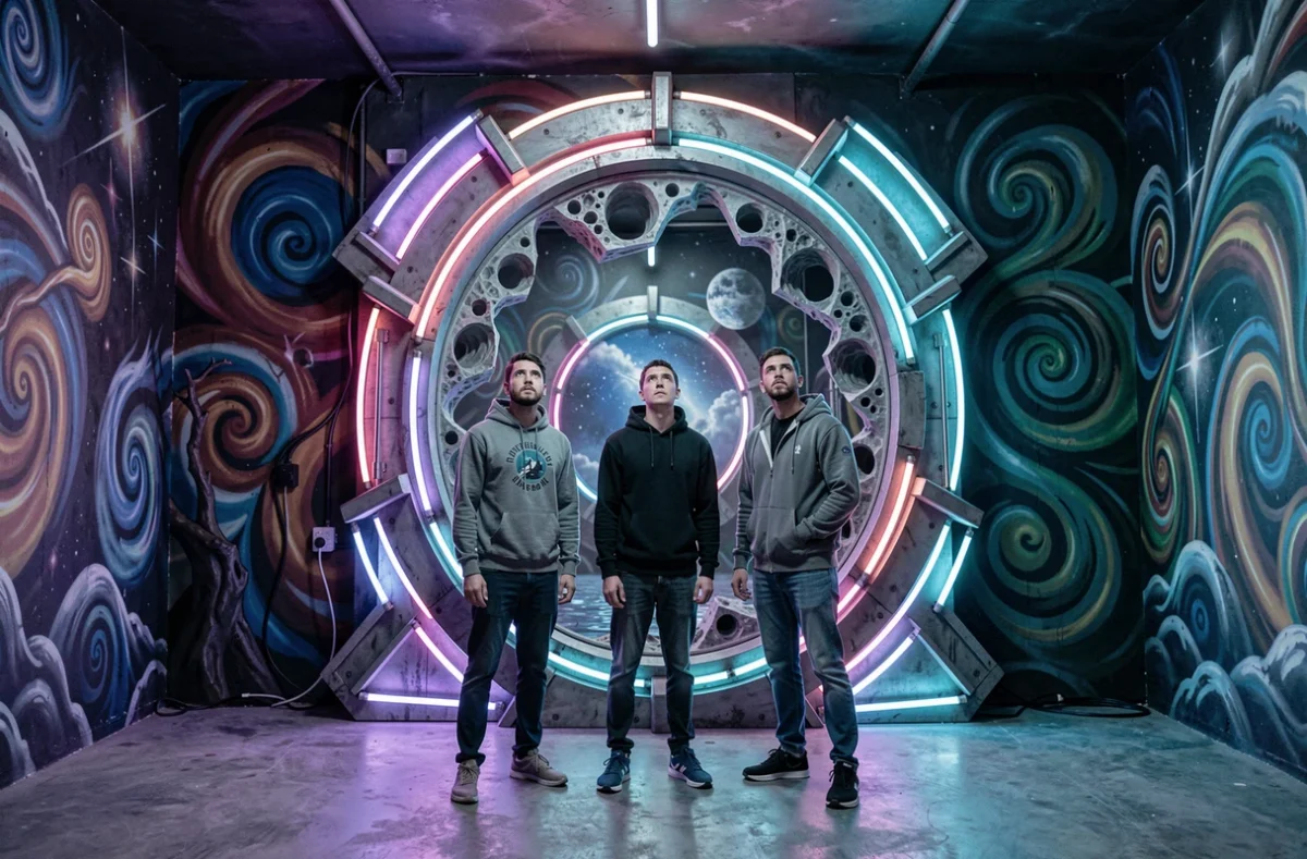 Joueurs devant un portail dimensionnel futuriste dans la salle La Cinquième Dimension
