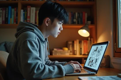 Jeune homme lisant des mangas en ligne sur un site de lecture gratuite depuis son bureau à la maison