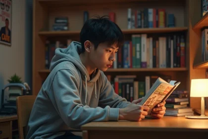 Jeune homme lisant un manga japonais assis à son bureau entouré de volumes de manga