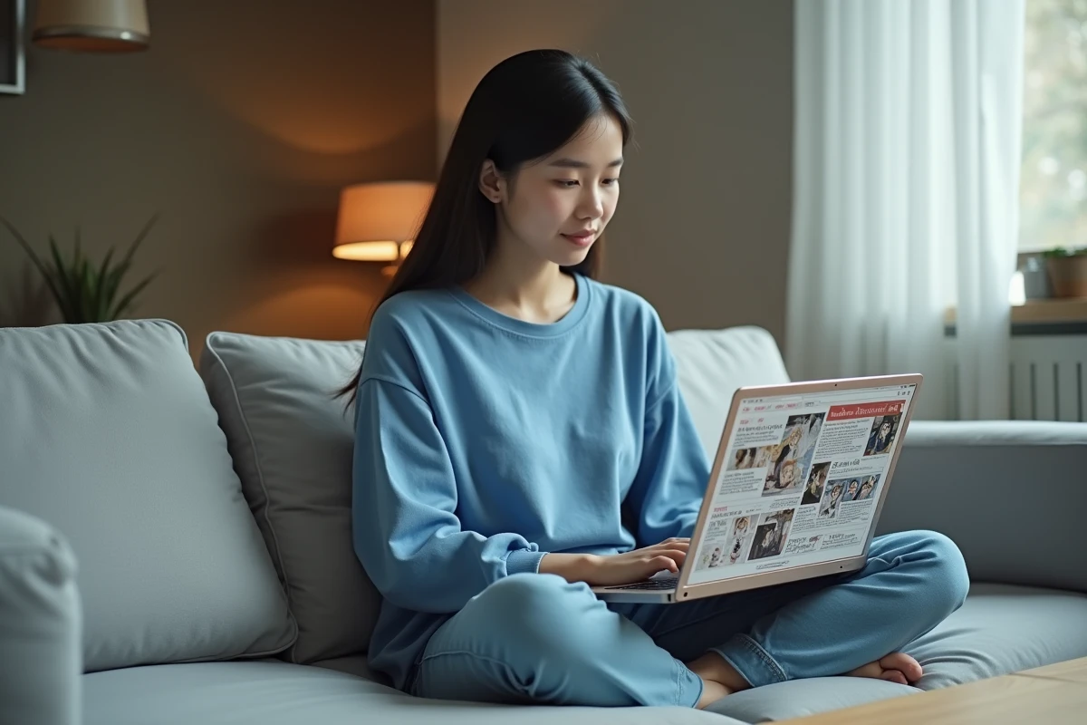 Jeune femme lisant un scan de manga sur son ordinateur portable dans un salon moderne