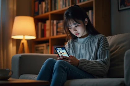 Jeune femme lisant un webtoon en VF sur son smartphone dans un appartement cosy, illustrant la lecture de webtoons sur des plateformes comme Crunchiscan