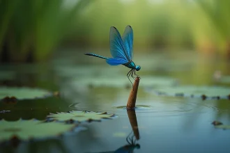 Libellule bleue posée sur un roseau au bord d'un étang, symbole de transformation et de sérénité dans la nature