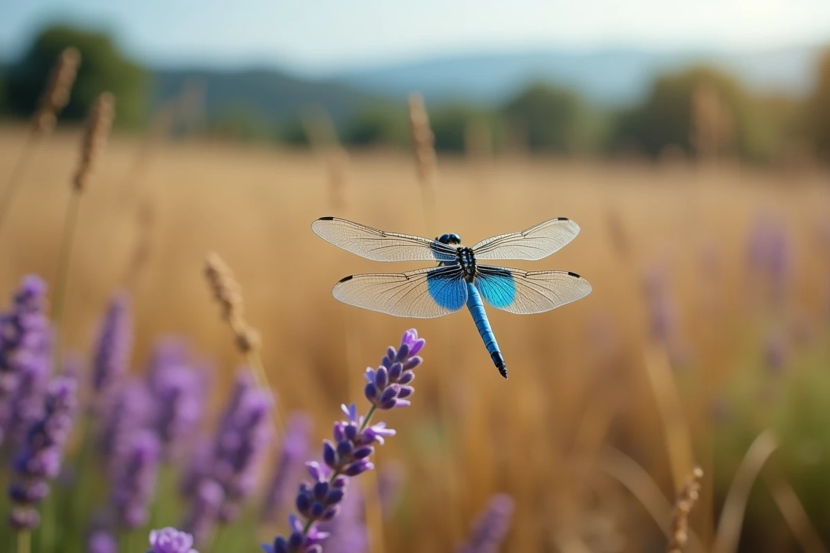 Libellule bleue en vol au-dessus d'une prairie de fleurs sauvages en été, symbolisant la liberté et la transformation personnelle