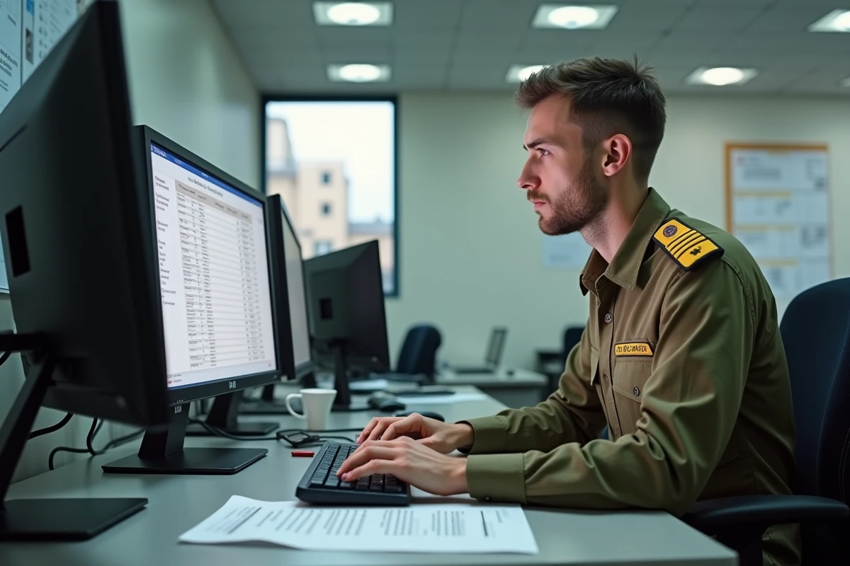 Lieutenant de l'armée de terre consultant une grille salariale indiciaire sur ordinateur dans un bureau administratif militaire