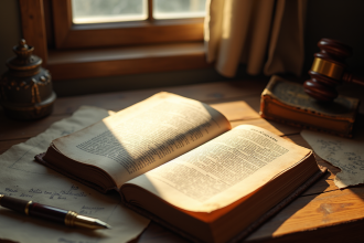 Livre de droit ancien ouvert sur un bureau en bois avec lumière naturelle