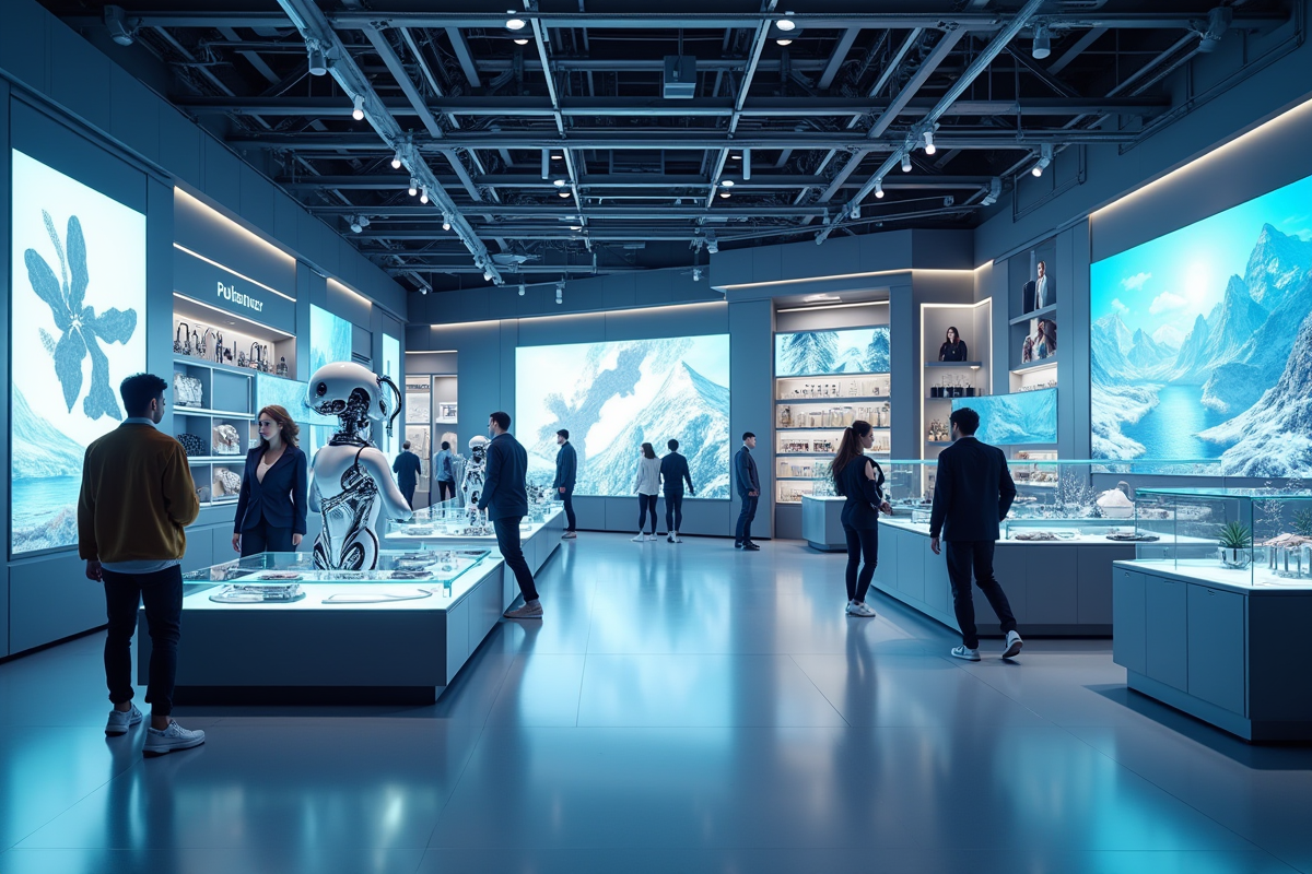 Magasin retail futuriste avec écrans interactifs et robots