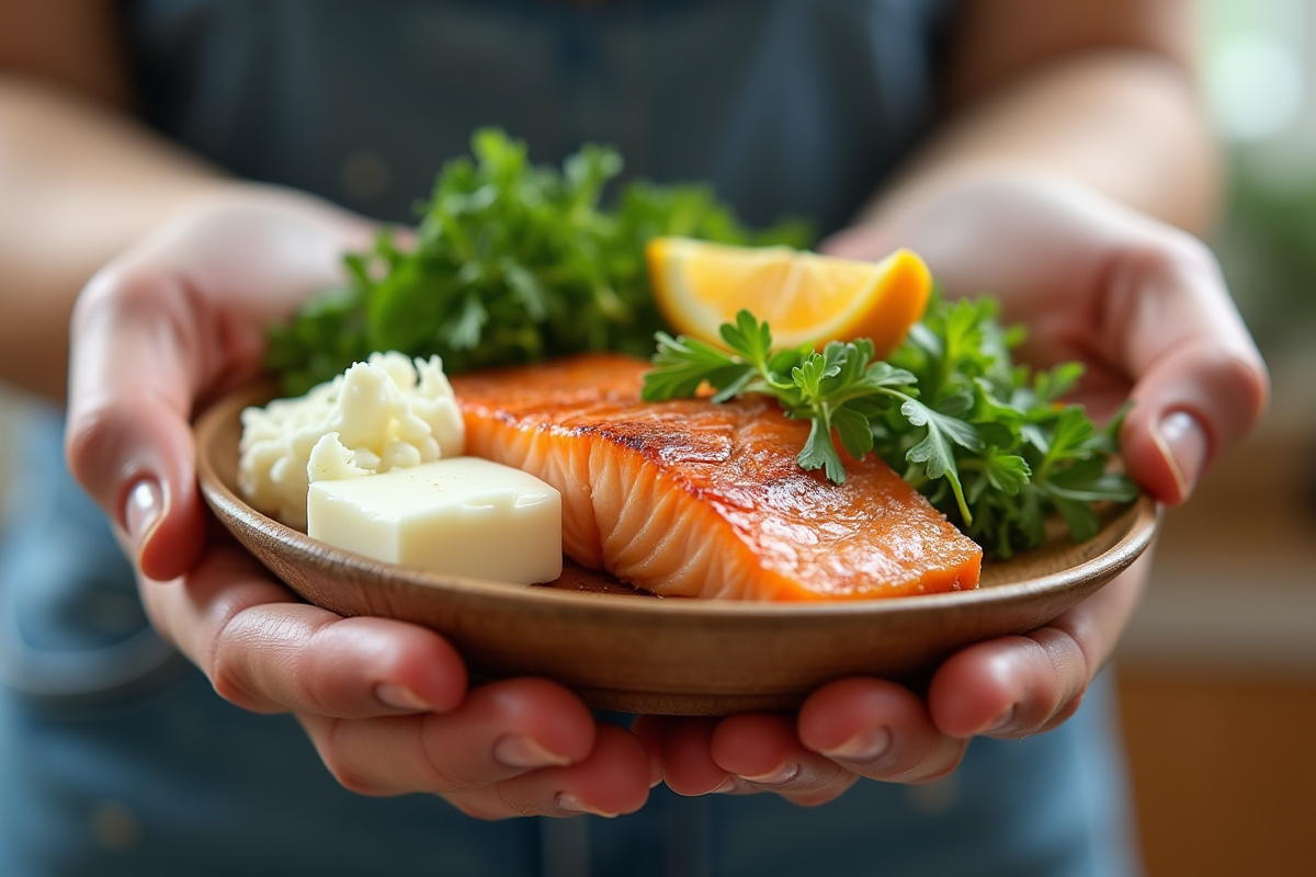 Mains tenant des aliments riches en vitamine D comme poisson et produits laitiers