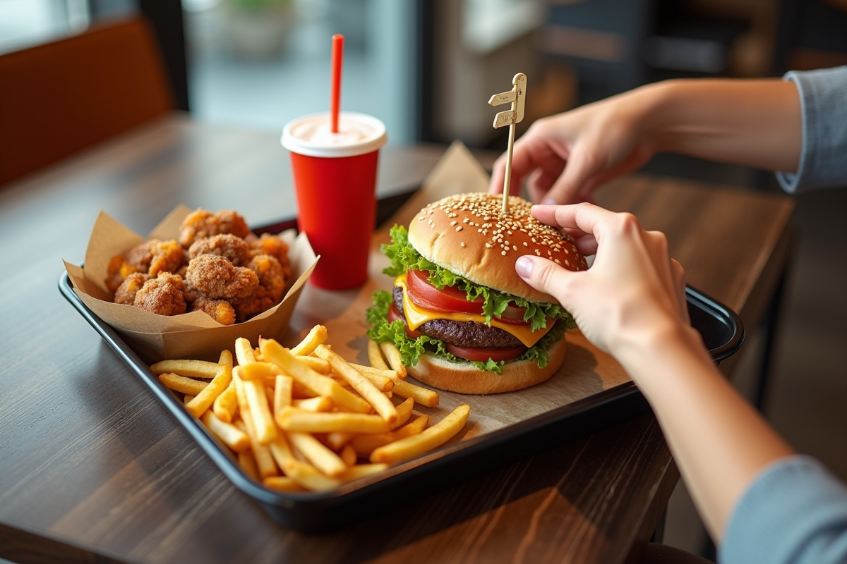 Mains posant vouchers près d’un plateau de fastfood appétissant