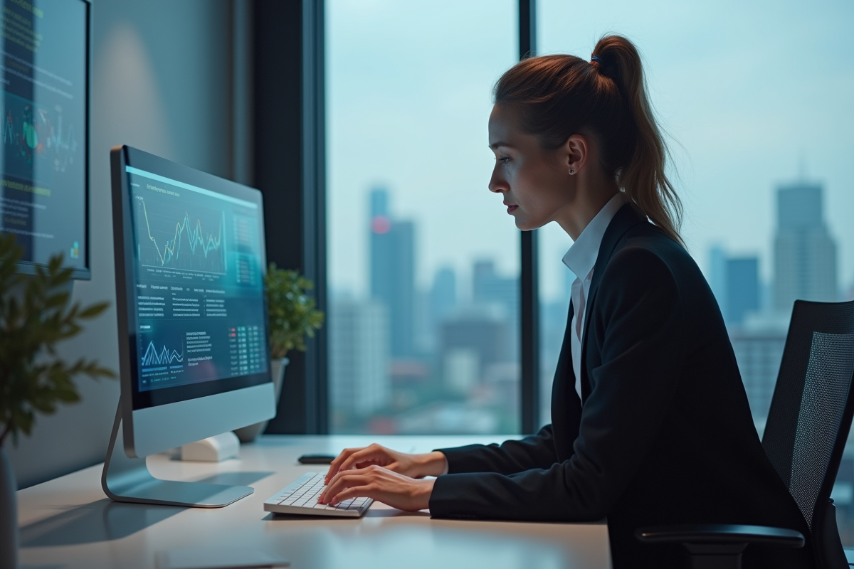 Manager femme analysant des données sur un écran digital