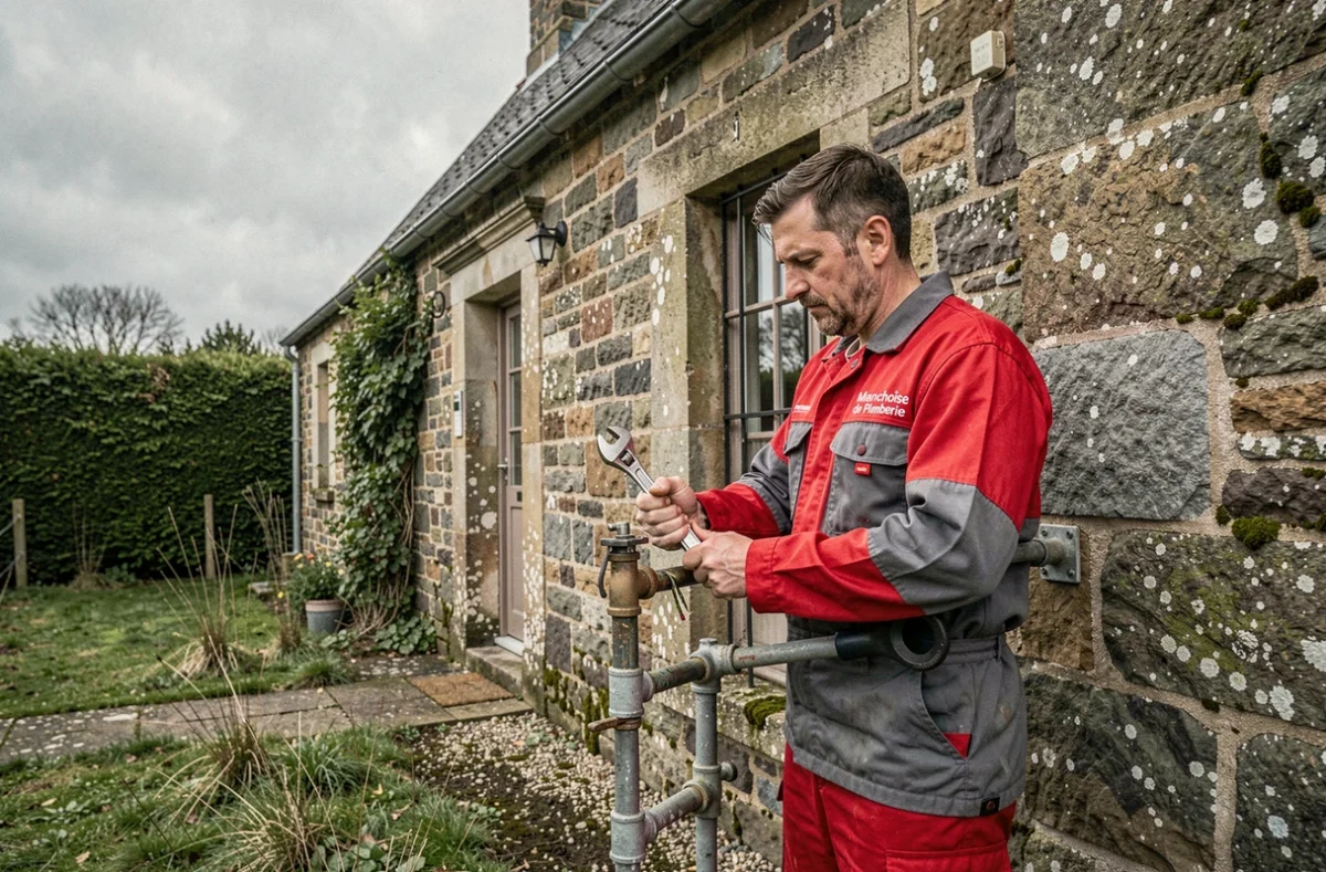 Technicien de Manchoise de Plomberie réparant une canalisation extérieure sur une maison en pierre normande