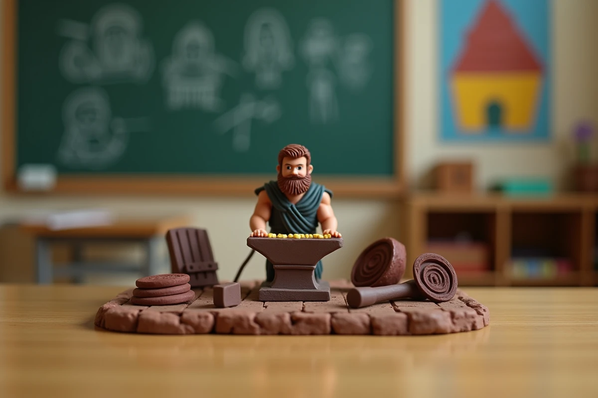 Maquette de forge romaine représentant Vulcain dans une salle de classe primaire