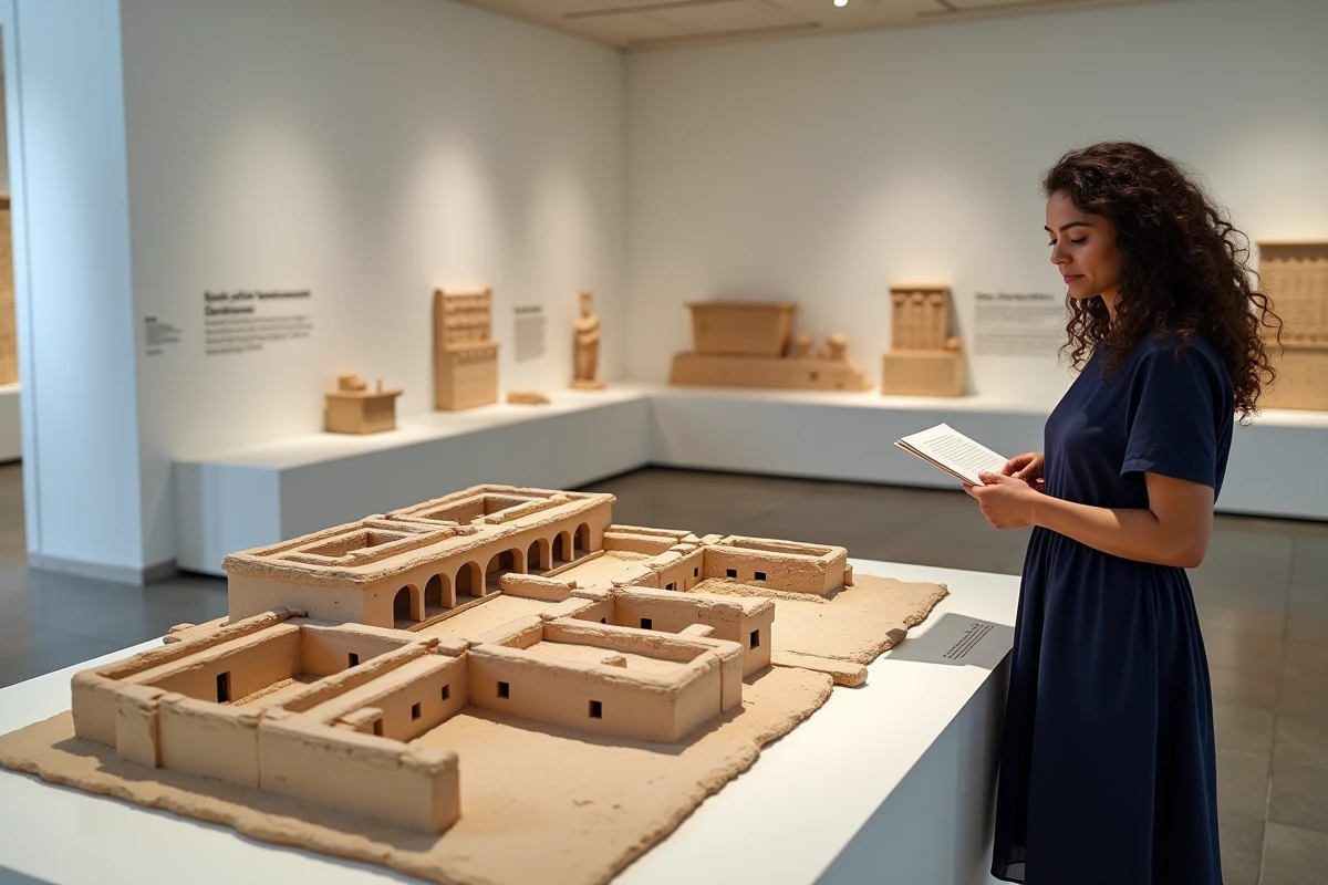 Visiteur observant une maquette du palais de Knossos dans un musée archéologique crétois