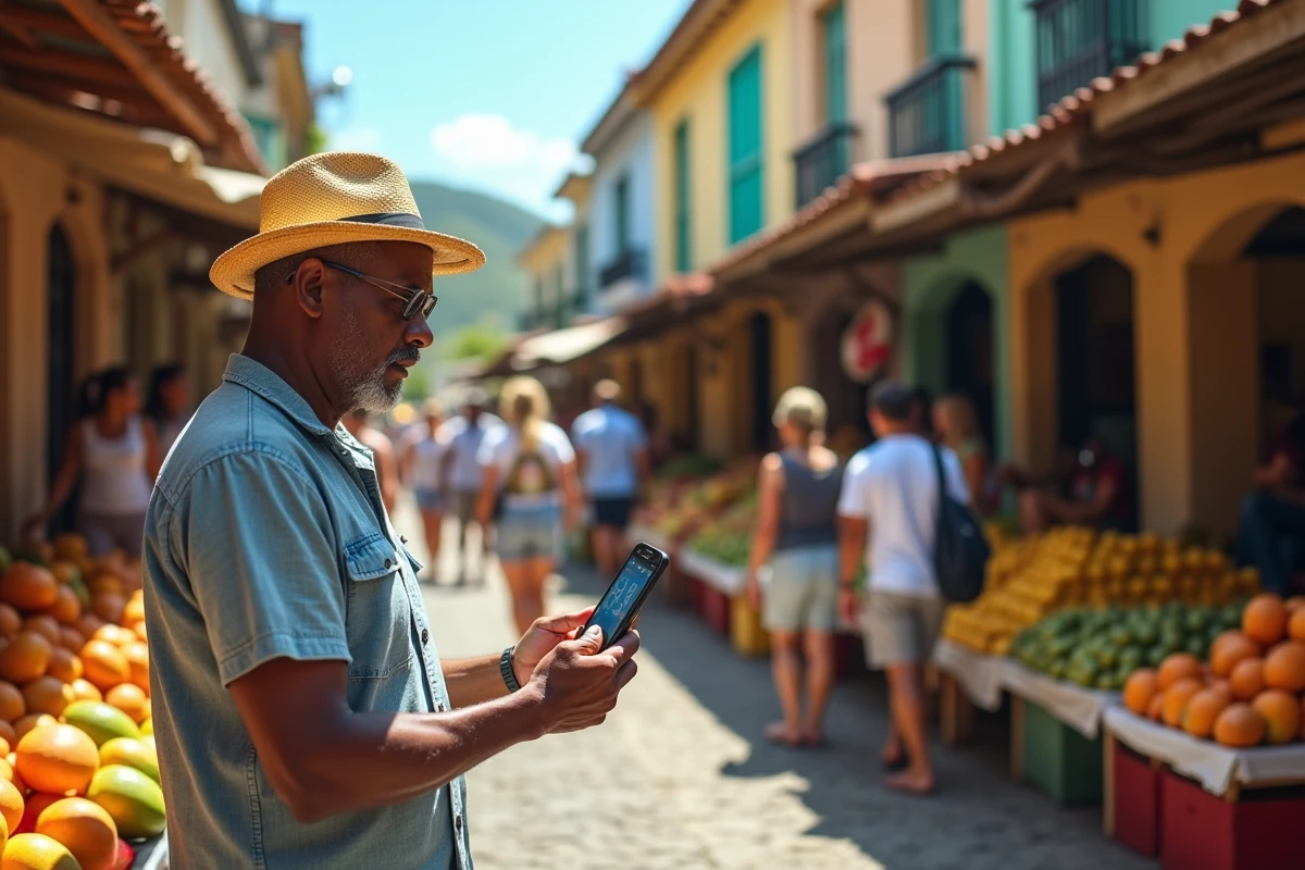 Vendeur martiniquais consultant l'heure sur son smartphone dans un marché coloré de Fort-de-France, illustrant la différence d'heure entre la Martinique et la France en 2026