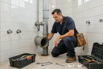 Plombier professionnel en intervention d'urgence dans une salle de bain, illustrant le classement des meilleurs plombiers de la Manche