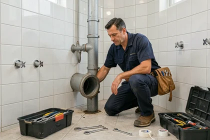 Plombier professionnel en intervention d'urgence dans une salle de bain, illustrant le classement des meilleurs plombiers de la Manche
