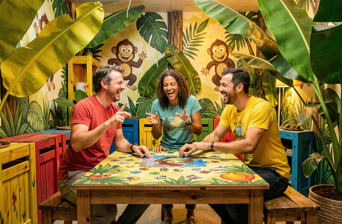 Joueurs souriants interagissant avec les décors colorés et tropicaux de Monkey Kwest