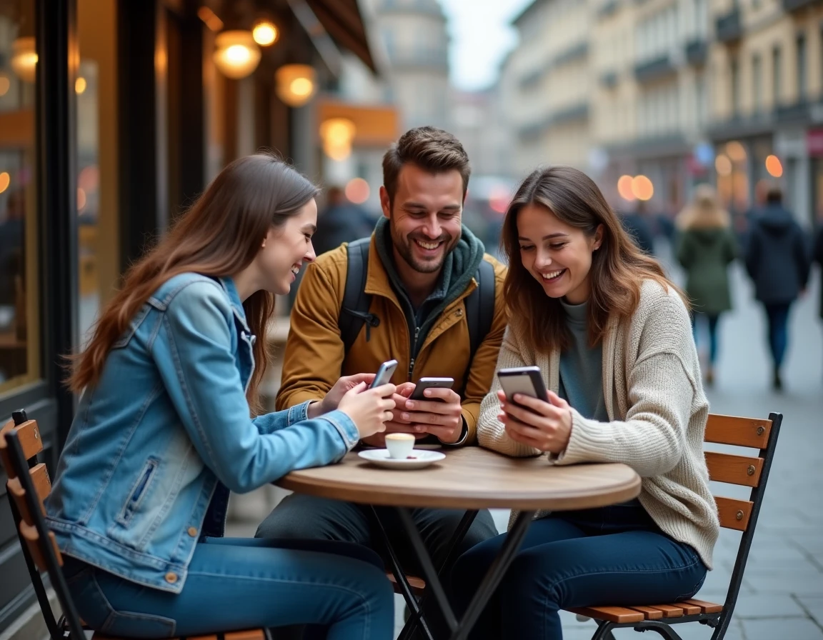 Groupe de trois adultes autour d'une table de café en terrasse urbaine jouant ensemble sur leurs smartphones, illustrant la communauté autour de Monopoly GO