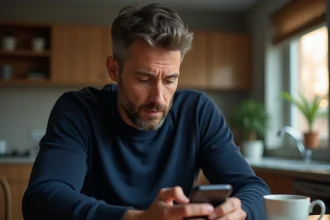 Homme jouant à Monopoly GO seul sur son smartphone à une table de cuisine en bois, illustrant une session de jeu en solo sans club actif