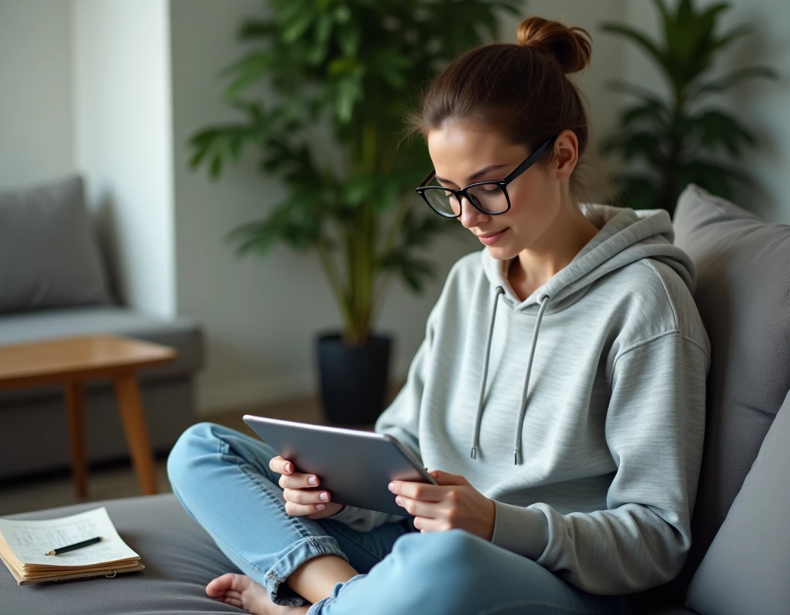 Femme stratège prenant des notes tout en jouant à une application de jeu de plateau sur tablette dans un salon cosy, stratégie Monopoly GO sans club