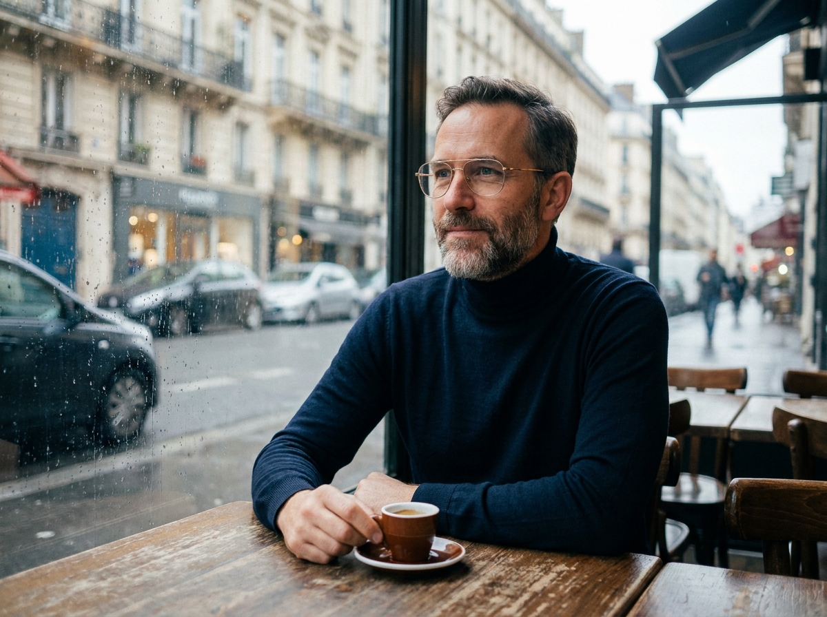 Homme portant des lunettes rondes à fine monture dorée dans un café urbain, style optique tendance automne