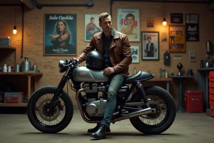 Motard en veste de cuir assis sur une moto café racer vintage dans un garage décoré d'affiches de films culte
