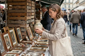 Femme examinant attentivement un vase ancien lors d'une négociation aux puces de la Porte de Vanves à Paris