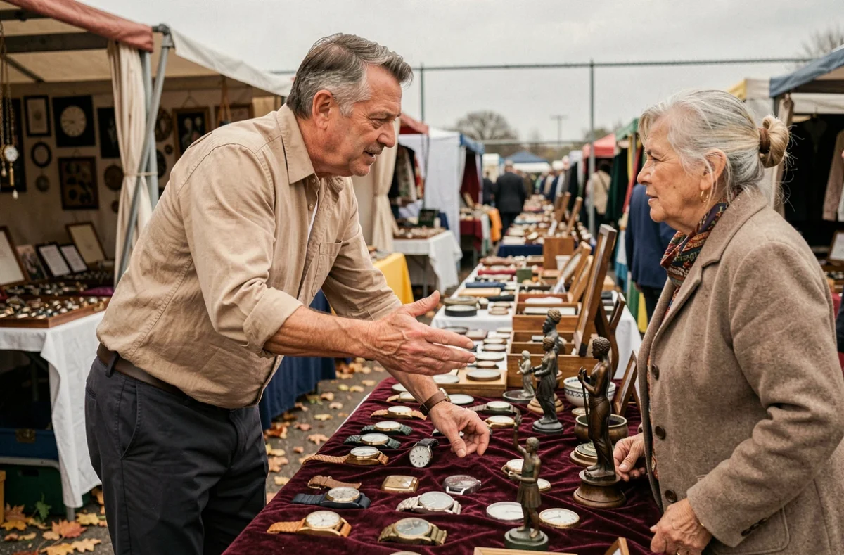 Homme négociant le prix de montres vintage avec une vendeuse aux puces de Vanves à Paris