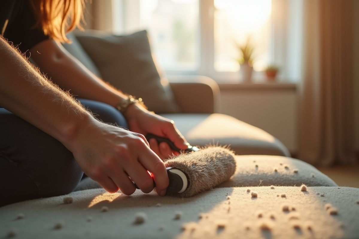 Personne utilisant un rouleau anti-peluche sur un canapé ensoleille