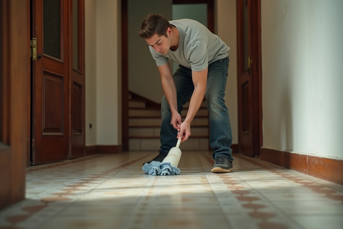 Jeune homme nettoyant un sol en carrelage ancien