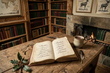Vieux livre ouvert sur un bureau en chêne avec les noms des rennes du Père Noël écrits en calligraphie, lunettes vintage et houx décoratif dans une bibliothèque ancienne