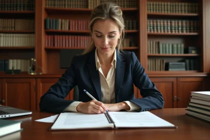 Notaire professionnelle en costume marine révisant des documents officiels dans un bureau juridique classique avec bibliothèque en arrière-plan