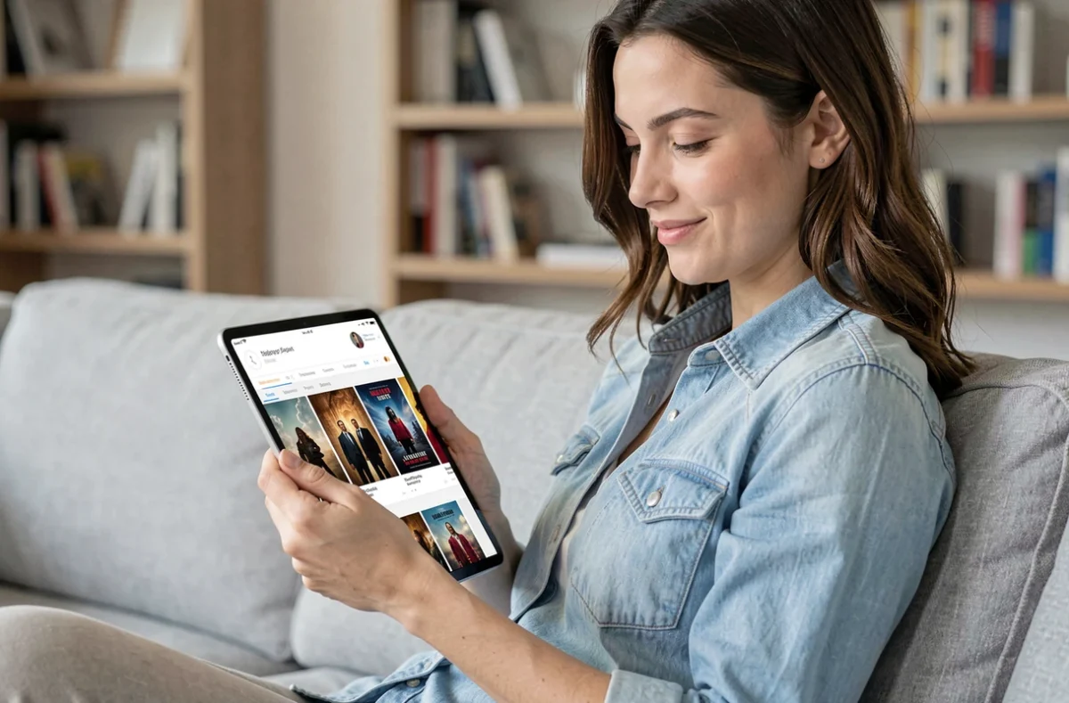 Femme consultant un catalogue de films en ligne sur tablette depuis son salon moderne