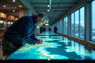 Océanographe analysant des cartes bathymétriques et modèles de propagation de tsunami sur une table numérique dans un centre de recherche côtier